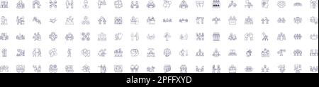 Symbole für die Community-Linie sind eingerichtet. Design-Sammlung von Gesellschaft, Gemeinschaft, Netzwerk, Clan, Gemeinde, Gruppe, Allianz, Stamm, Konturenkonzept-Vektor Stock Vektor