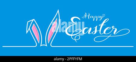 Osterhasen-Ohrenvektor mit Happy Easter Grußwort. Blauer Hintergrund. Ostersymbol Ornament in Weiß, Pink und Blau. Stock Vektor