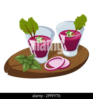 Rote-Bete-Gazpacho. Wunderschönes Servieren auf einem Brett mit roten Zwiebelringen und einem Zweig Basilikum. Vektordarstellung auf weißem Hintergrund. Stock Vektor