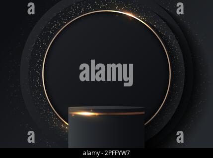 3D realistischer Podiumständer in Schwarz und Gold mit schwarzen Kreisen, goldenen geometrischen Ringelementen und Glitzereffekt auf dunklem Hintergrund im luxuriösen Stil Stock Vektor