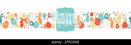 Süßes, handgezeichnetes, horizontales, nahtloses Oster-Muster mit Häschen, Blumen, ostereiern, schönem Hintergrund, ideal für Osterkarten, Banner, Textilien, Stock Vektor