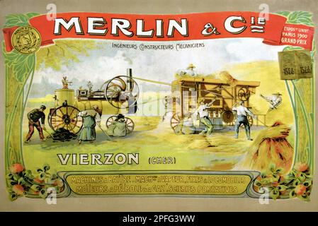 Altmodisches oder historisches Poster oder Werbung für französische Merlin-Landmaschinen mit Bildern der französischen Bauernszene, Haymaking und Early Steam Engine Harvester Vierzon Cher France. Vintage oder Historic Art Nouveau Illustration Anfang c20. c1910. Stockfoto