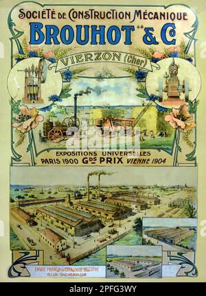 Altes oder historisches Vintage-Poster oder Werbung für französische Brouhot-Landmaschinen mit Bildern der französischen Bauernszene, Haymaking und Early Steam Engine Harvester Vierzon Cher France. Vintage oder Historic Art Nouveau Illustration Anfang c20. c1910. Stockfoto