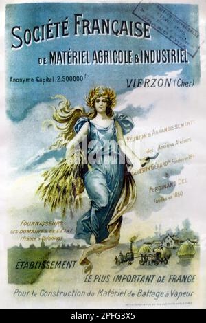Altes oder historisches Vintage-Poster oder Werbung für die französische Société Francoise du Matériel Agricole et Industriel oder Landmaschinen mit idealisiertem Image einer französischen Jugendstilfrau mit Maisernte und frühen Dampflokomotoren Vierzon Cher France. Vintage oder Historic Art Nouveau Illustration Anfang c20. c1910. Stockfoto