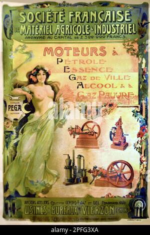 Altes oder historisches Vintage-Poster oder Werbung für die französische Société Francoise du Matériel Agricole et Industriel oder Landmaschinen mit idealisiertem Image einer teilgekleideten französischen Jugendstilfrau und frühen Dampfmotoren Vierzon Cher France. Vintage oder Historic Art Nouveau Illustration Anfang c20. c1910. Stockfoto