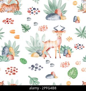 Tiere Afrikas nahtloses Muster mit tropischen Blättern. Nahtloses Aquarell-Muster. Verpackungsdesign, Poster, Textilien, Digitalpapier, Sublimation. Stockfoto