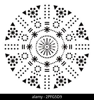 Geometrisches Vektordesign mit Punkten, Blumen, Dreiecken, runder Einrichtung in Schwarz und Weiß - Yoga, Zen, Achtsamkeitskonzept Stock Vektor