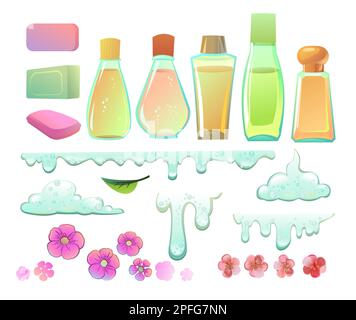 Legen Sie Shampoos und Seifen mit dem Duft von Blumen. Objekte. Reinigungsmittel zum Waschen von Körper und Gegenständen. Schäumende Hygieneflüssigkeit. Isoliert auf weiß Stock Vektor