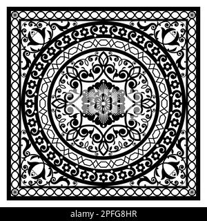 Marokkanisches Mandala-Design, inspiriert von den orientalischen Wandgemälden aus marokkanischem Holz in Schwarz auf weißem Hintergrund Stock Vektor