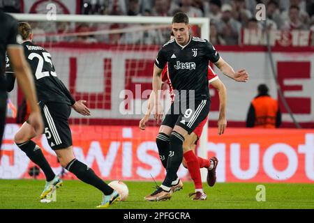 Freiburg, Allemagne. 16. März 2023. Dusan Vlahovic (FC Juventus) während der UEFA Europa League, Runde 16, 2.-beiniges Fußballspiel zwischen SC Freiburg und FC Juventus am 16. März 2023 im Europa-Park-Stadion in Freiburg, Deutschland - Photo Morgese-Rossini/DPPI Credit: DPPI Media/Alamy Live News Stockfoto