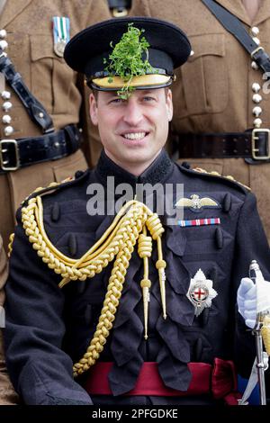 Der Prinz von Wales lächelt, während er sich für ein Gruppenfoto bei einem Besuch der 1. Battalion Irish Guards für die St. Patrick's Day Parade in der Mons Barracks in Aldershot setzt. Foto: Freitag, 17. März 2023. Stockfoto