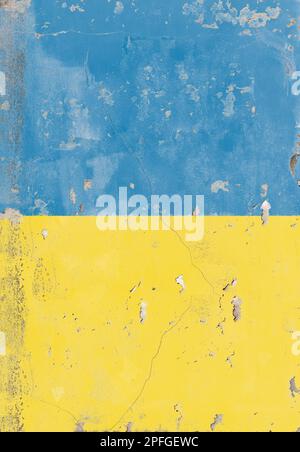 Ukrainische Flagge auf einer gerissenen Mauer gemalt. Stockfoto