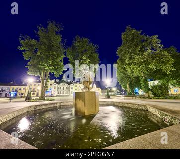 Springbrunnen auf dem Hauptplatz in Krasnystaw bei Nacht Stockfoto