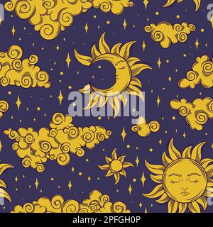 Nahtloses Tarot-Muster mit Sonne und Halbmond. Tarot-ästhetische Fliese mit goldenen Himmelsgegenständen. Vektordarstellung auf dunklem Hintergrund Stock Vektor