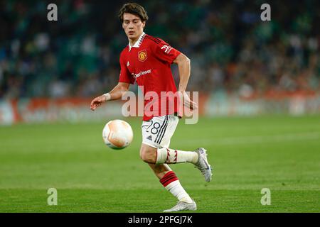 Facundo Pellibri von Manchester United während des Spiels der UEFA Europa League spielte die Runde 16, 2. Etappe, zwischen Real Betis und Manchester United am 16. März 2023 im Benito Villamarin Stadion in Sevilla, Spanien. (Foto: Antonio Pozo / PRESSIN) Stockfoto