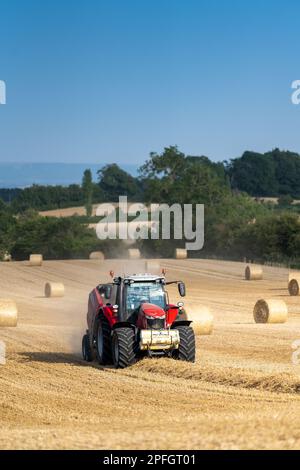 Pressen von Stroh zu Rundballen mit einem Massey Ferguson-Traktor 7726 und einer Ballenpresse RB4160v. Der Strohhalm wird als Tiereinstreu verwendet. North Yorkshire, Großbritannien. Stockfoto