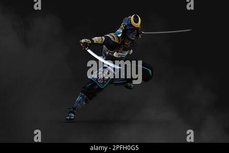 3D Abbildung eines Samurai mit blauer und grüner Rüstung, der ein Katana-Schwert in jeder Hand hält, mit einem Schnittpfad. Samurai-Konzept. Stockfoto