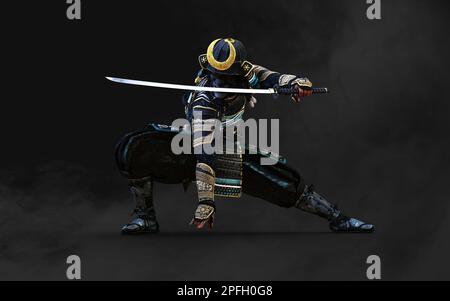 3D Abbildung eines Samurai mit blauer und grüner Rüstung, der ein Katana-Schwert in jeder Hand hält, mit einem Schnittpfad. Samurai-Konzept. Stockfoto