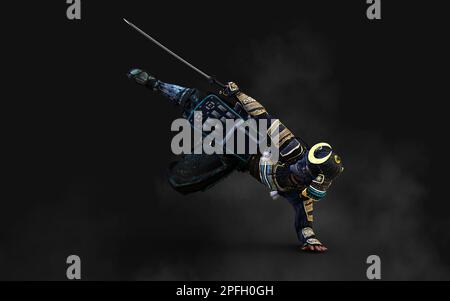 3D Abbildung eines Samurai mit blauer und grüner Rüstung, der ein Katana-Schwert in jeder Hand hält, mit einem Schnittpfad. Samurai-Konzept. Stockfoto