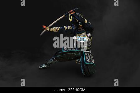 3D Abbildung eines Samurai mit blauer und grüner Rüstung, der ein Katana-Schwert in jeder Hand hält, mit einem Schnittpfad. Samurai-Konzept. Stockfoto