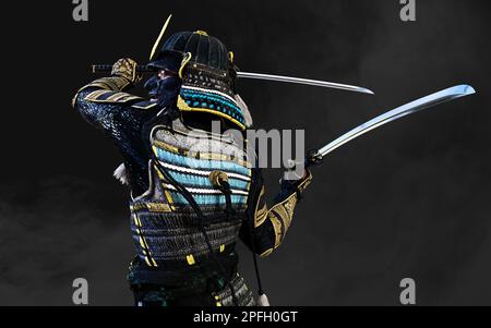 3D Abbildung eines Samurai mit blauer und grüner Rüstung, der ein Katana-Schwert in jeder Hand hält, mit einem Schnittpfad. Samurai-Konzept. Stockfoto