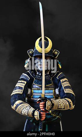 3D Abbildung eines Samurai mit blauer und grüner Rüstung, der ein Katana-Schwert in jeder Hand hält, mit einem Schnittpfad. Samurai-Konzept. Stockfoto