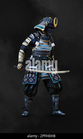 3D Abbildung eines Samurai mit blauer und grüner Rüstung, der ein Katana-Schwert in jeder Hand hält, mit einem Schnittpfad. Samurai-Konzept. Stockfoto