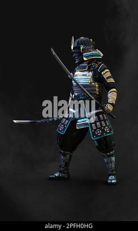 3D Abbildung eines Samurai mit blauer und grüner Rüstung, der ein Katana-Schwert in jeder Hand hält, mit einem Schnittpfad. Samurai-Konzept. Stockfoto