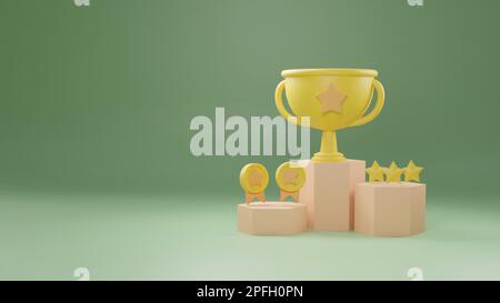 Podiumsieger mit Pokalen, Goldsieger und Goldsternen, erste, zweite und dritte Preisträger in der Zeremonie Podium-Cartoon-Stil, 3D RE Stockfoto