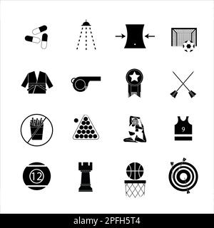 Kollektion von Ikonen mit verschiedenen Sportarten und gesunder Ernährung im einfachen Design Stockfoto