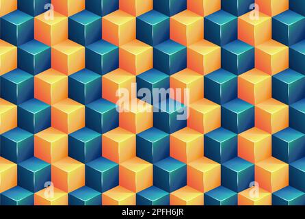 Hintergrund des quadratischen Musters mit blauen und orangefarbenen 3D-Vektoren Stock Vektor
