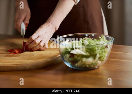 Nahaufnahme der weiblichen Tomaten, die von Hand auf dem Schneidebrett geschnitten werden. Frau kocht gesunden Vitaminsalat mit frischem Gemüse zu Hause Stockfoto