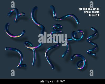 Set mit 3D holographischen abstrakten Spiralformen. Stock Vektor
