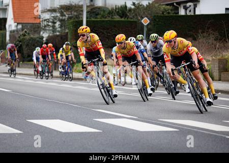 Das Reiterpaket, das während des eintägigen Radrennens „Bredene Koksijde Classic“, 191,6 km von Bredene nach Koksijde, am Freitag, den 17. März 2023, in Aktion gezeigt wurde. BELGA FOTO KURT DESPLENTER Stockfoto