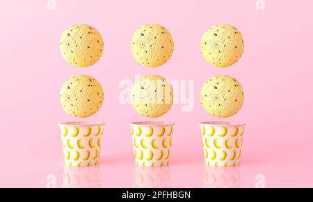 Bananeneis in einem Pappbecher. Fliegende gelbe Eisbälle. Köstliches Muster, das Konzept eines Sommerdesserts. Drei Eiscremes hintereinander. 3D Stockfoto