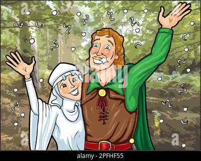 Kunstillustrierung von Robin Hood und Maid Marian an ihrem Hochzeitstag in Sherwood Forest, Nottingham, Legende, Mythos, Folklore, Geschichte, mittelalterliches England. Stockfoto