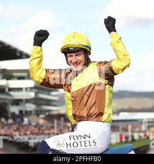 Jockey Paul Townend feiert Galopin des Champs J: Paul Townend T: Willie Mullins gewinnt den Cheltenham Gold Cup am 4. Tag des Cheltenham Festivals in Prestbury Park, Cheltenham, Großbritannien, am 14. März 2023. Foto: Ken Sparks. Nur redaktionelle Verwendung, Lizenz für kommerzielle Verwendung erforderlich. Keine Verwendung bei Wetten, Spielen oder Veröffentlichungen von Clubs/Ligen/Spielern. Kredit: UK Sports Pics Ltd/Alamy Live News Stockfoto