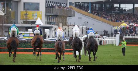 Unten Royal, Lisburn, County Antrim, Nordirland. 17. März 2023. St. Patrick's Day Race Meeting - Bluegrass Stamm 30 Chase - Rennen gewonnen Longhouse Poet (Nummer 4 (rote Mütze), geritten von J J J Slevin und trainiert von Martin Brassil). Kredit: CAZIMB/Alamy Live News. Stockfoto