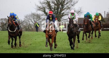 Unten Royal, Lisburn, County Antrim, Nordirland. 17. März 2023. St. Patrick's Day Race Meeting - Bluegrass Stamm 30 Chase - Rennen gewonnen Longhouse Poet (Nummer 4 (rote Mütze), geritten von J J J Slevin und trainiert von Martin Brassil). Kredit: CAZIMB/Alamy Live News. Stockfoto