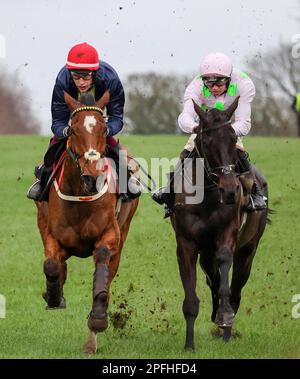 Unten Royal, Lisburn, County Antrim, Nordirland. 17. März 2023. St. Patrick's Day Race Meeting - Bluegrass Stamm 30 Chase - Rennen gewonnen Longhouse Poet (Nummer 4 (rote Mütze), geritten von J J J Slevin und trainiert von Martin Brassil). Kredit: CAZIMB/Alamy Live News. Stockfoto