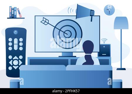 Frau, die gezielte TV-Anzeigen ansieht. Adressierbare Fernsehwerbung, neue Werbetechnologie. Smart TV-Box, Smart tv-Konsole. Zielgerichtetes TV-Marketingkonzept Stock Vektor