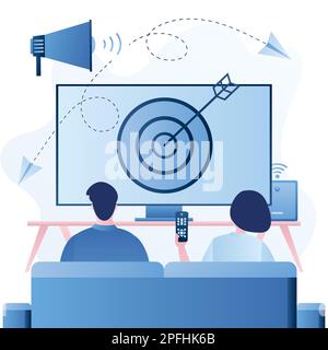 Ein Liebespaar sieht sich Video mit Fernbedienung und TV-Multimedia-Box an. Menschen, die zielgerichtete TV-Anzeigen ansehen. Adressierbare Fernsehwerbung, neue Werbung Stock Vektor
