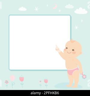Leerer Raum oder Banner und kleines neugeborenes Mädchen. Kind zeigt einen Finger auf einer leeren Kartenvorlage. Grußkarte oder Hintergrund der Babyparty. Fl Stock Vektor