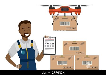 afroamerikanischer Liefermann und Lieferdrohne mit Paketbox. Zukunftstechnologie-Transport und Zeichentrickfilm männlicher Kurierfahrer. Flachvektordarstellung Stock Vektor