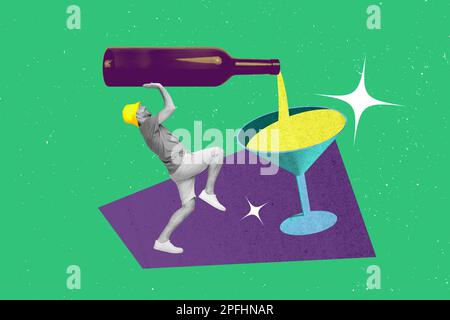 Kreative Collage-Foto-Skizzenvorlage eines positiv zufriedenen jungen Mannes, der Wein in Glas gießt, auf einer Party isoliert auf Malhintergrund Stockfoto