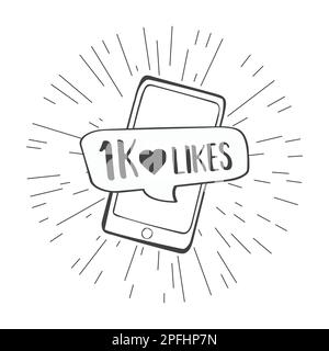 Eintausend Likes mit Herz. Sprechblase auf dem Bildschirm des Mobiltelefons, isoliert auf weißem Hintergrund. Komische Kritzelvektordarstellung Stock Vektor