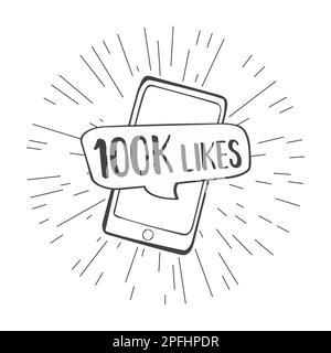 100 Likes. Sprechblase auf dem Bildschirm des Mobiltelefons, isoliert auf weißem Hintergrund. Komische Kritzelvektordarstellung Stock Vektor