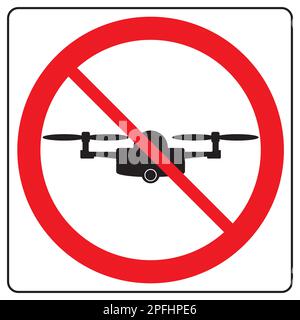 Hubschrauberstart verboten - keine Luftdrohne erlaubt Schild, Quadrocopterflug verboten. Schwarze Silhouette der Drohne im roten Kreis. Vorlagenhintergrund. Vektor Stock Vektor