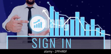 Das Schild zeigt die Anmeldung an. Wort für, um Ihren Namen auf ein Formular zu schreiben, wenn Sie einen Ort betreten oder verlassen Stockfoto