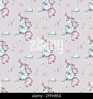 Nahtloses Muster mit niedlichem Einhorn. Texturieren Sie das wilde Feentier mit einer Tasse Kaffee im handgezeichneten Stil. Poster, kindische Druckvorlage. Vect Stock Vektor